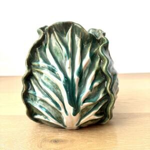 Vintage Rare Handmade Lettuce Leaf Cabbage Vase 7” X 5” Heavy Green Glaze